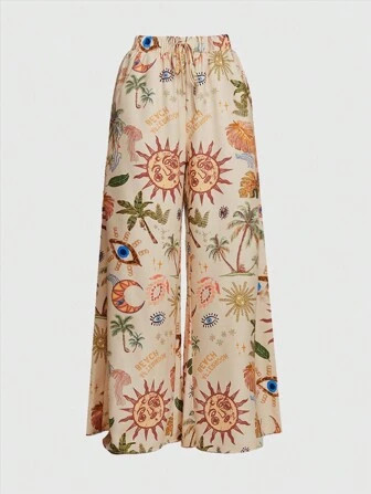 ROMWE Hippie Bohemian Holiday Hose mit ausgestelltem Bein, Muster mit Mond, Sternen und Sonnenblu... | SHEIN
