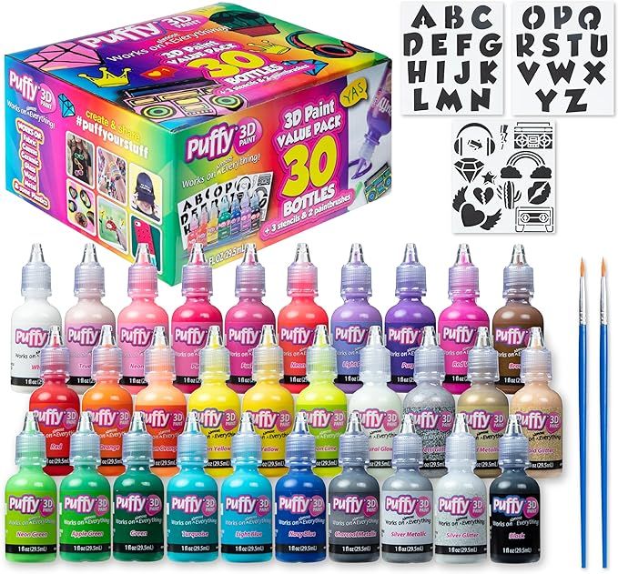 Puffy, 1 fl oz, 3 Stencils & 2 Paintbrushes 3D Paint, 30 Pack, Rainbow, 30 Color Pack (PUFFLRGPK) | Amazon (US)