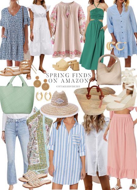 Spring finds on Amazon - spring break styles.  Parero, straw hat, midi dresses, short dresses, straw bag, tote, sandals, espadrilles, gold earrings, raffia earrings #spring #springbreak #amazon #travel

#LTKshoecrush #LTKstyletip #LTKtravel