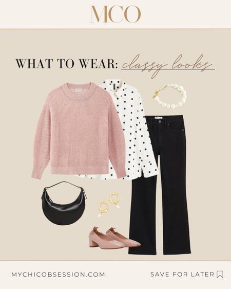 I've got a fab Valentines or February outfit idea for you—a polka dot button-down paired with a cozy pink sweater and sleek black jeans. Amp it up with pretty pink block heels and classy pearl accessories like a bracelet and earrings. Don't forget a chic black bag to complete the look!

#LTKSeasonal #LTKSpringSale #LTKworkwear