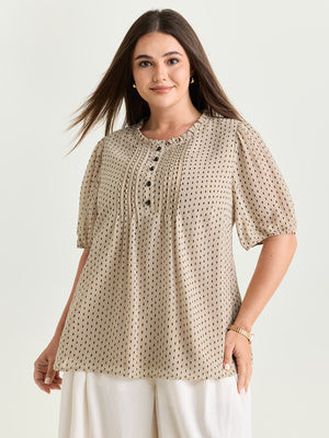 Geometric Print Pleated Ruffled Neck Blouse | Bloomchic