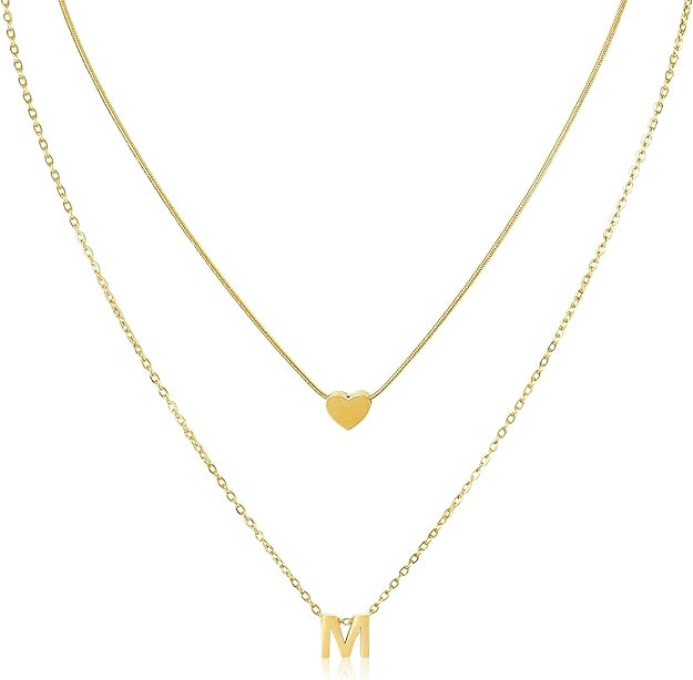 Noerar Gold Initial Heart Necklace for Women Layered Necklace set 14K Gold Plated Necklace Heart ... | Amazon (US)