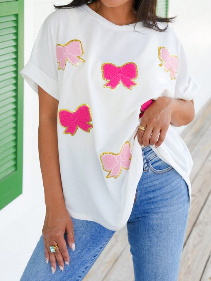 Sequined Flocked Embroidered Bowknot Batwing Sleeve Loose Casual Vacation T-Shirt | SHEIN