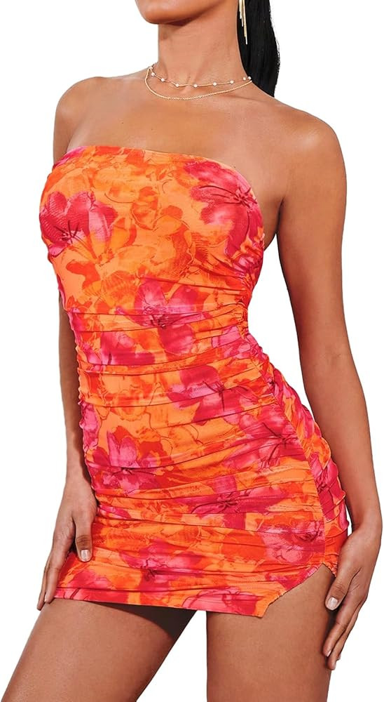 SOLY HUX Women's Floral Tube Dress Summer Strapless Bodycon Mini Dress Party Clubwear | Amazon (US)
