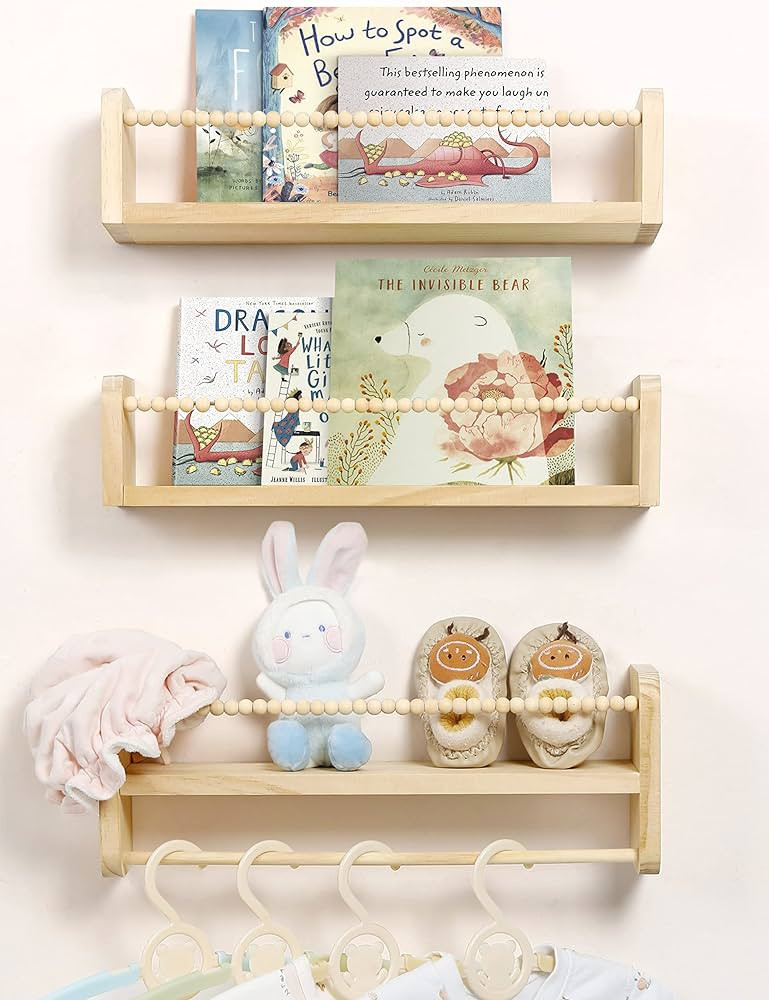 Nursery Floating Shelves for Wall, Set of 3 Book Shelves Natural Wood Wall Mounted Organizer with... | Amazon (US)