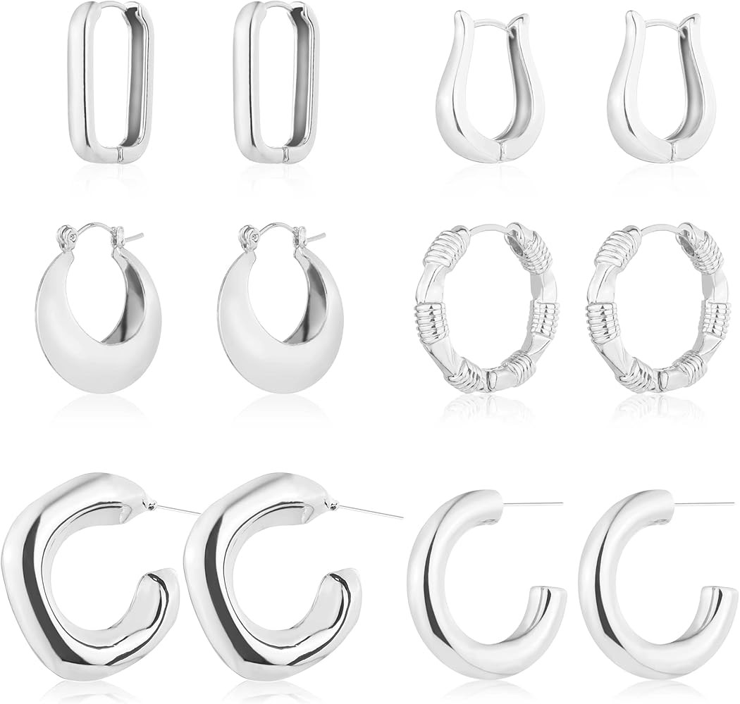 6 Pairs 14K Gold Hoop Earrings for Women Lightweight Chunky Hoop Earrings Multipack Hypoallergeni... | Amazon (US)