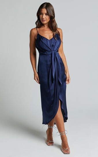 Katie Midi Dress - V Neck Tie Front Detail Dress in Mid Night Blue | Showpo (US, UK & Europe)