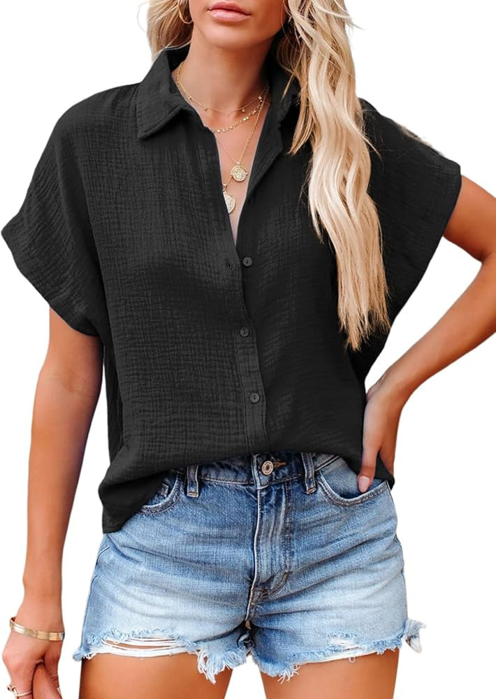 Dokotoo Casual V Neck Button Down Shirts for Women Solid Short Sleeve Blouse Tops | Amazon (US)