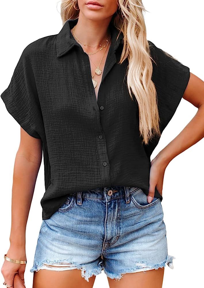 Dokotoo Casual V Neck Button Down Shirts for Women Solid Short Sleeve Blouse Tops | Amazon (US)