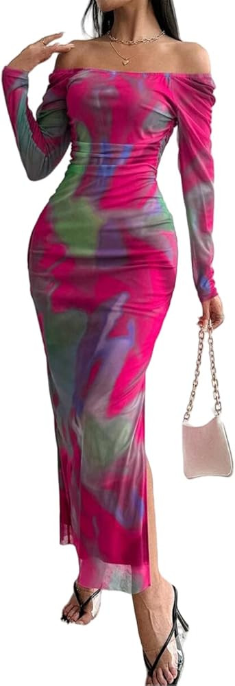 Women's Printed Off Shoulder Dress Long Sleeve Bodycon Maxi Dress Mesh Layered Side Slit | Amazon (US)