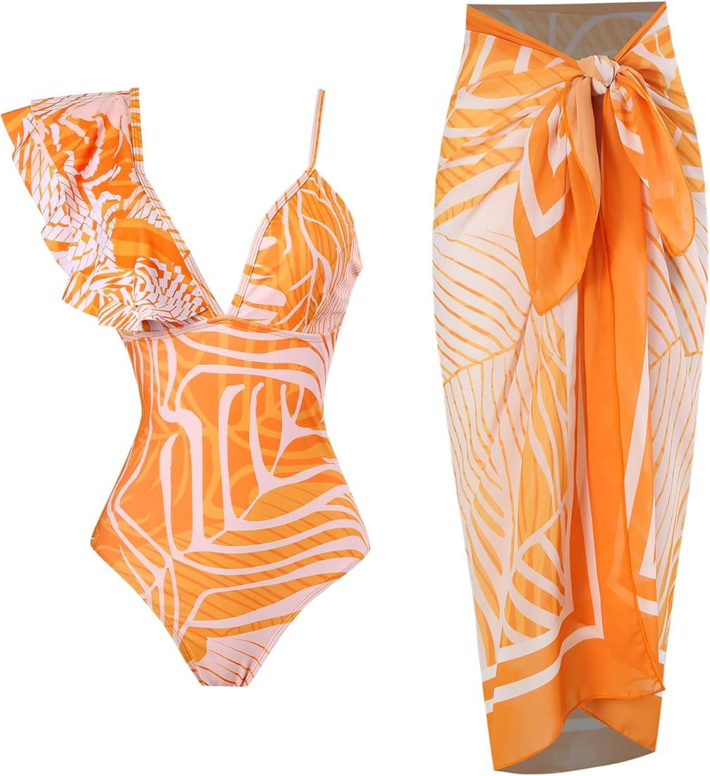 Women One-Piece Swimsuit with Cover up Wrap Skirt Sarong Bathing Suit Beach Outfit Summer | Amazon (US)