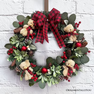 Exquisite Plaid Bow and Bears 20" Christmas Wreath, Holiday Door Decoration| OrnamentallyYou | Target