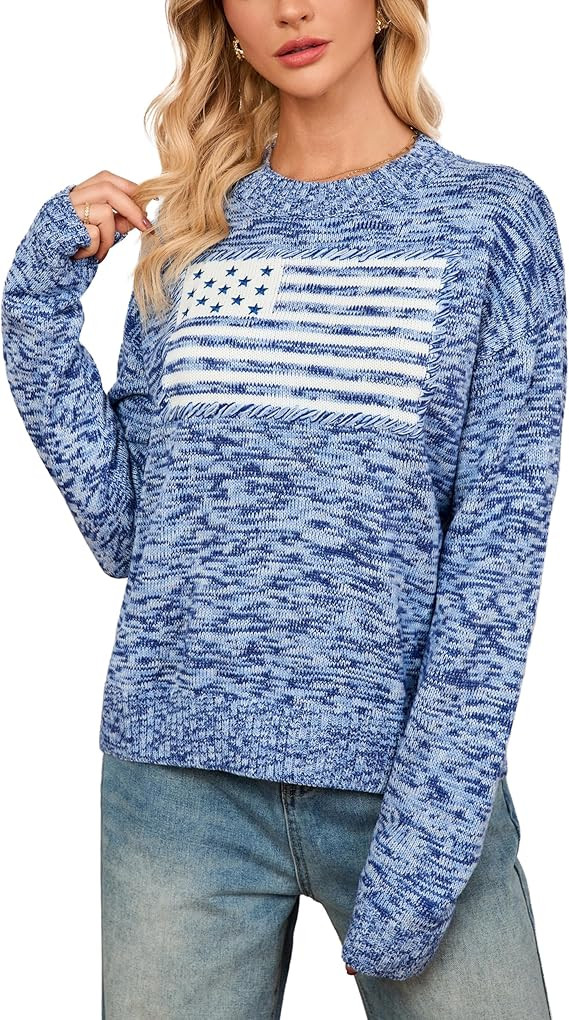 Women's American Flag Sweater Long Sleeve Knit Crewneck Pullover Casual Loose Fit Graphic Y2k Swe... | Amazon (US)