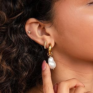 Pearl Earrings for Women 14K Gold Freshwater Pearl Huggie Hoop Earring Dangle Drop Wedding Earrin... | Amazon (US)