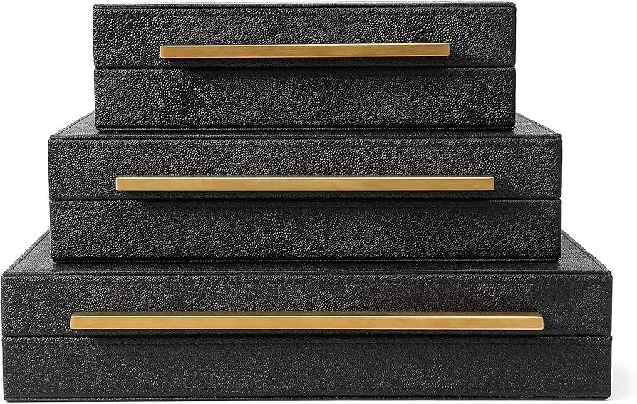 PETCTN Kingflux Faux Black Shagreen Leather Set of 3 Pcs Decorative Boxes, Storage Boxes Jewelry ... | Amazon (US)