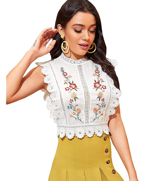 Floerns Women's Mock Neck Guipure Lace Trim Embroidery Blouse Tops | Amazon (US)