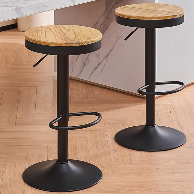 Kidol & Shellder Black Bar Stools Set of 2 Adjustable Swivel Backless Barstools Modern Round Wood... | Amazon (US)