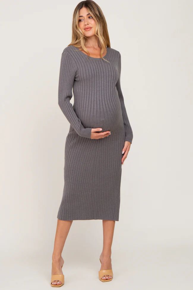 Grey Ribbed Side Slit Maternity Midi Sweater Dress | PinkBlush Maternity