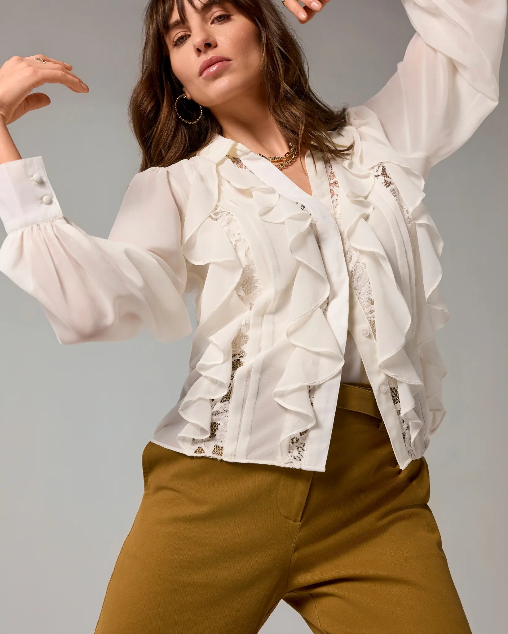 Georgette Collared Ruffle and Lace Shirt Off White | Boston Proper
