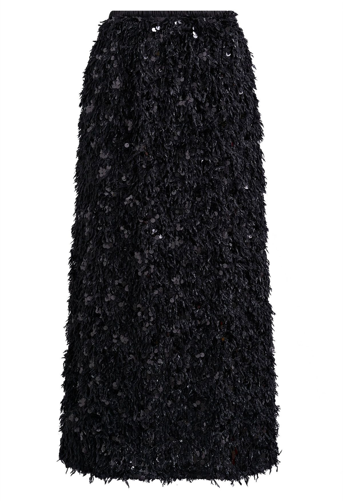 Full Feather Sequined Pencil Skirt in Black | Chicwish