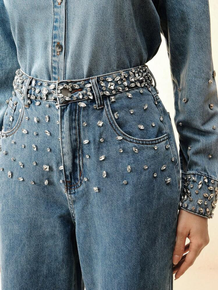 Anewsta Women's Elegant, Business Casual Diamond-Studded Straight-Leg Jeans | SHEIN