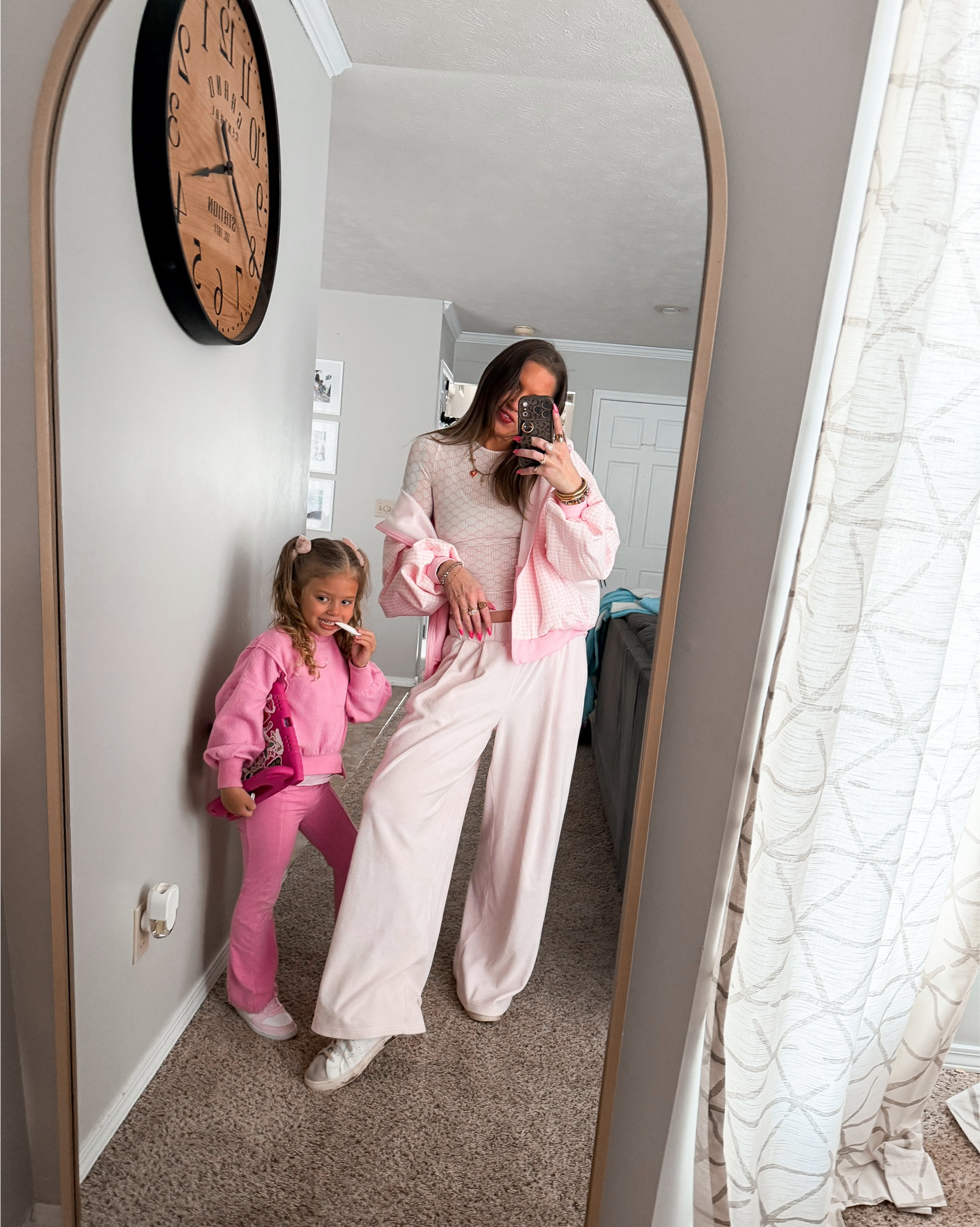 On Wednesday we wear pink 🩷
Aerie top and sweatpants. Target oversized jacket. Target baby girl outfit. Girls Nike shoes. Cozy looks 
#targetstyle #mommyandme #matching

#LTKSaleAlert #LTKmomlife #LTKKids