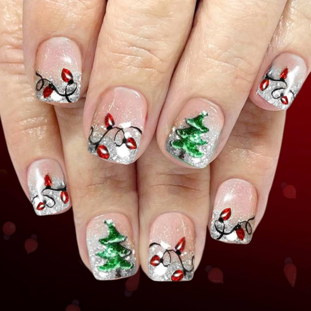 Christmas Press on Nails Short Square Fake Nails with Christmas Tree Design Rattan Nails Press on... | Amazon (US)