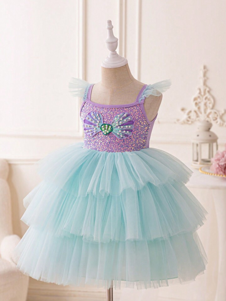 Young Girls'  Gorgeous Cap Sleeve Mermaid Princess Tutu Dress With Shell Beads & Net Yarn, Purple... | SHEIN
