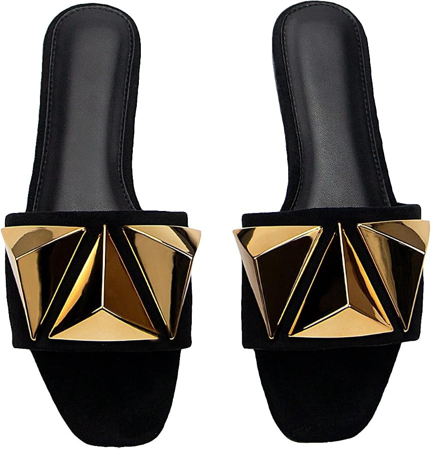 GORGLITTER Women's Studded Gold Flat Sandals Dressy Square Open Toe Summer Vacation Slip on Slide... | Amazon (US)