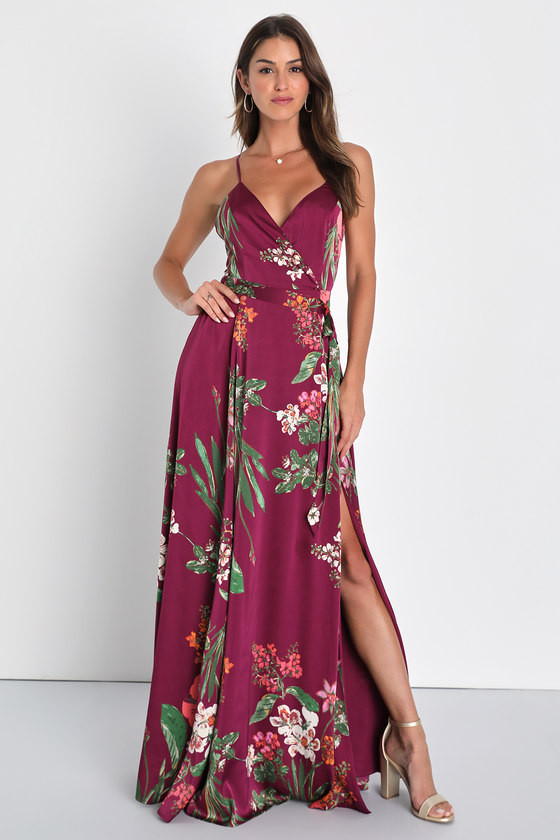Still the One Burgundy Floral Print Satin Maxi Dress | Lulus