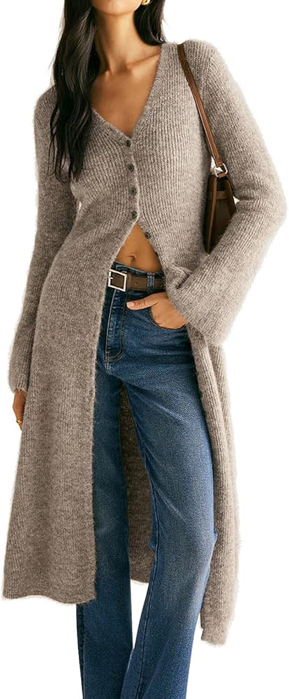 Womens V-Neck Button Maxi Cardigan Bell Long Sleeve Open Front Split Breasted Sweater Dress | Amazon (CA)