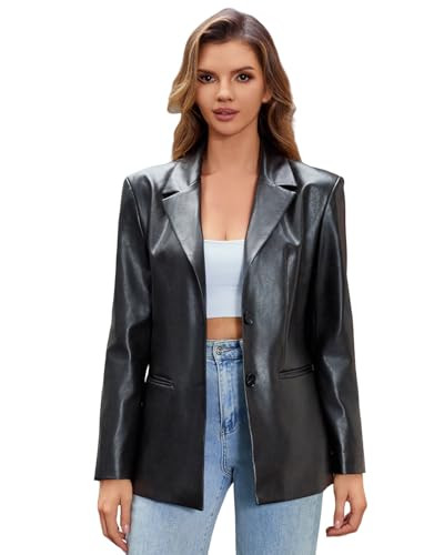 DIASHINY Women's Faux Leather Blazer Oversized Vintage Lapel Button Down Fashion Leather Jacket Black S | Amazon (US)