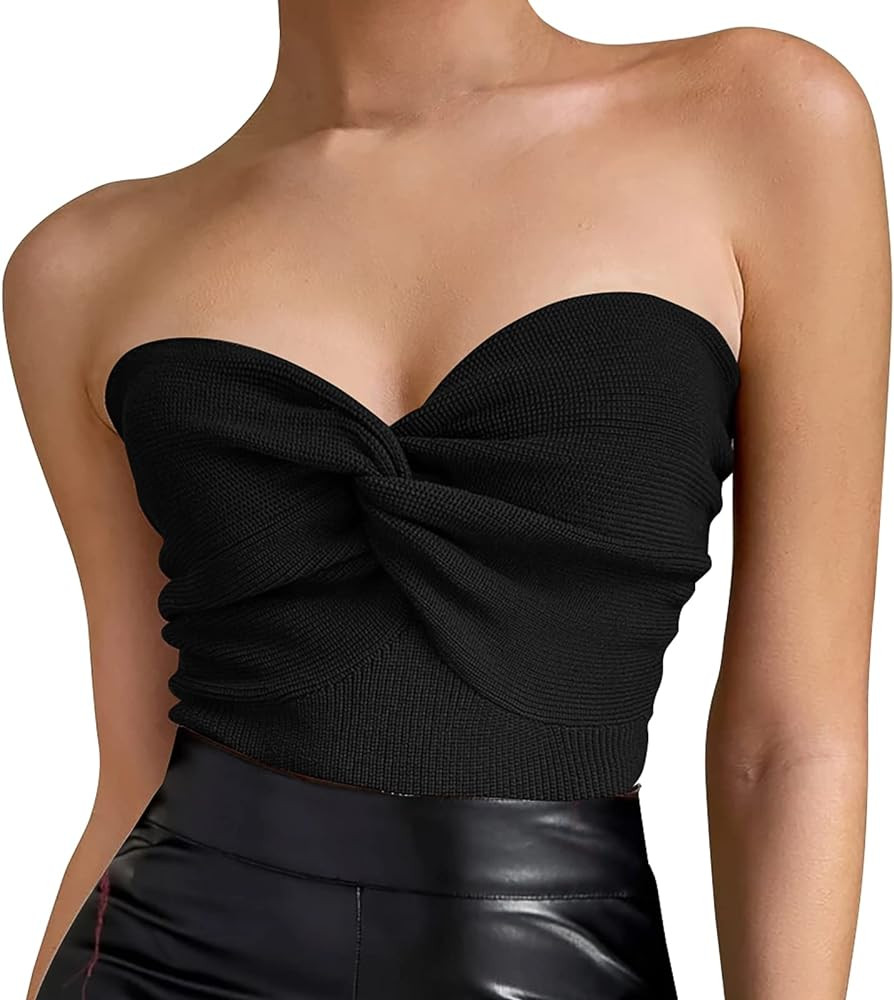 Women's Sexy Crop Tops Strapless Twisted Front Ribbed Knit Tube Top Sleeveless Sweetheart Neck Y2... | Amazon (US)