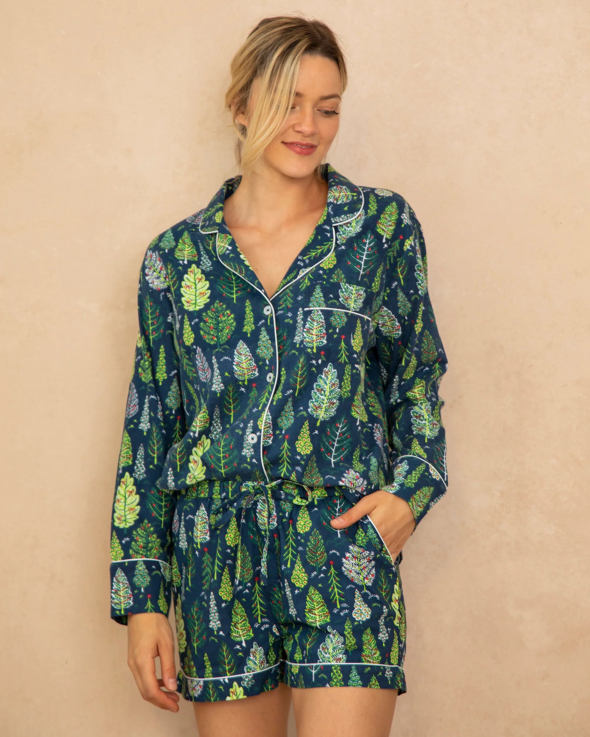 Twinkling Trees - Flannel Long Sleeve Top &amp; Shorts Set - Indigo | Printfresh