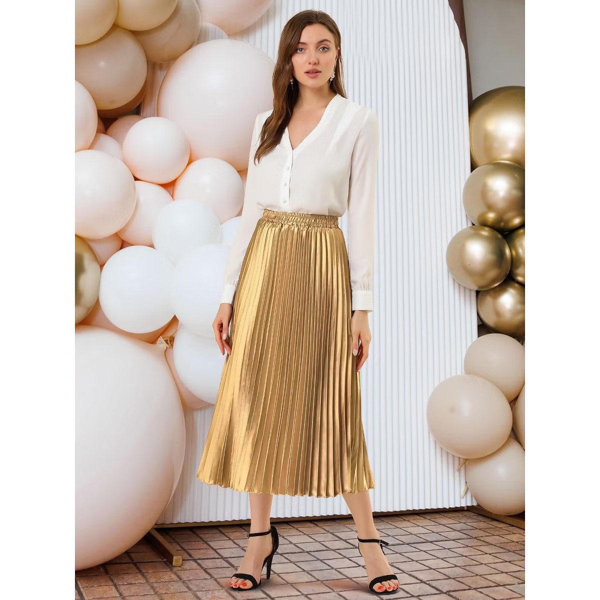 INSPIRE CHIC Women's Party Elastic Waist Metallic Shiny Accordion Pleated Midi Skirt Large Gold | Target