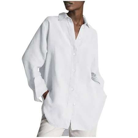 Women Linen Oversized Button Down Shirts Long Sleeve Casual Loose Irregular Blouses Boyfriend Collar | Walmart (US)
