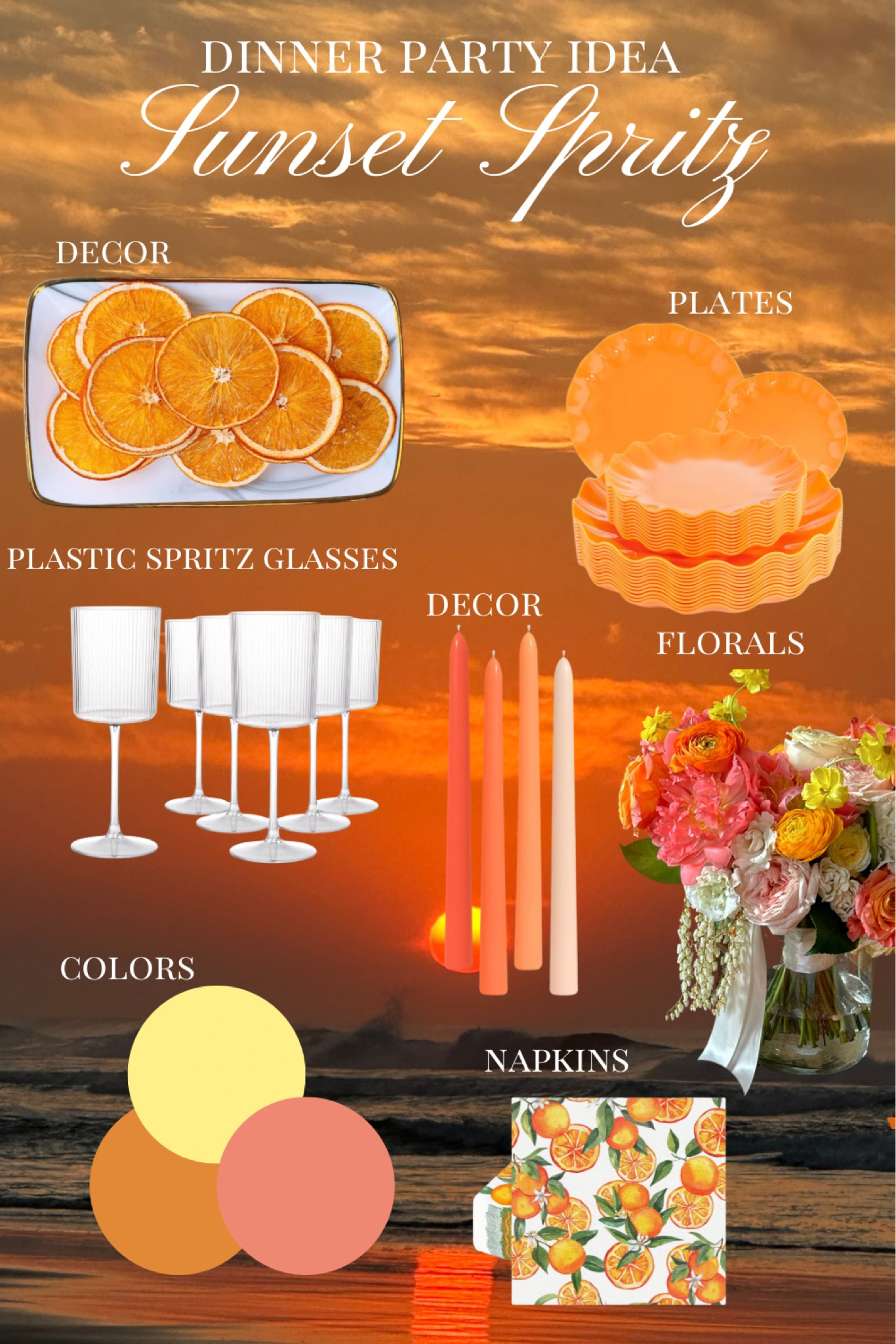 Sunset Spritz is one of the cutest dinner party ideas!! I’m obsessed with this theme & the colors!

Dinner party
Dinner party ideas
Dinner party themes
Sunset spritz
Table scape
Table setting
Dinner party decor
Dinner party inspo
Dinner party menu 
Dinner party menu ideas
Dinner party ideas for adults
Dinner party table setting
Dinner party photo ideas 

#LTKSeasonal #LTKParties
