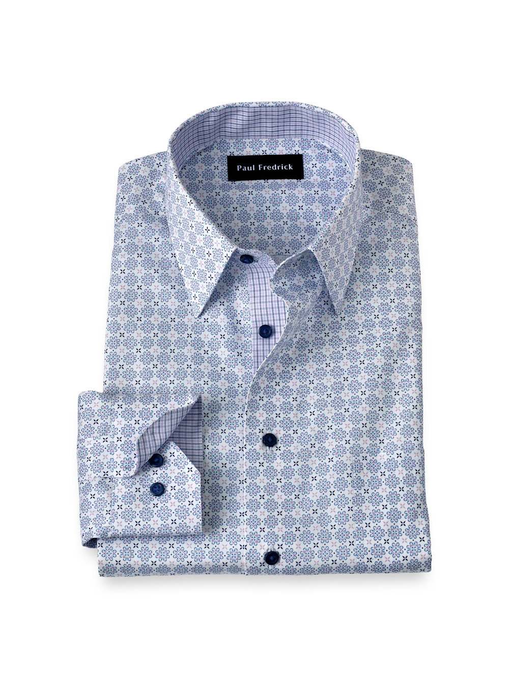 Non-Iron Cotton Geometric Dress Shirt With Contrast Trim - White/purple | Paul Fredrick MenStyle