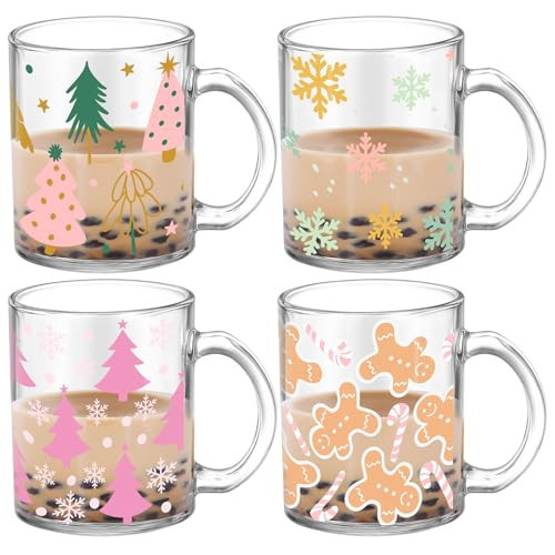 Tioncy 4 Pcs Christmas Coffee Mugs 12 oz Christmas Glass Cups with Handle Xmas Tree Gingerbread Snowflakes Coffee Cup Sweet Xmas Gifts Drinking Containers for Holiday Party | Amazon (US)