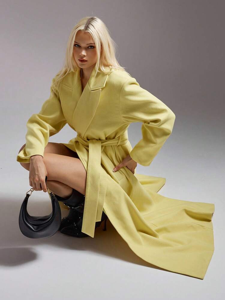 SHEIN ICON Women's Long Mustard Yellow Overcoat, Minimalist Design For Commuting And Casual Wear, Autumn/Winter | SHEIN
