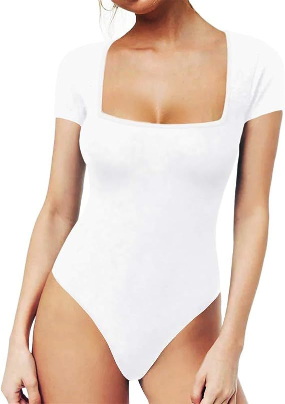 MANGOPOP Womens Square Neck Short Sleeve / Long Sleeve Tops Bodysuit Jumpsuit | Amazon (US)