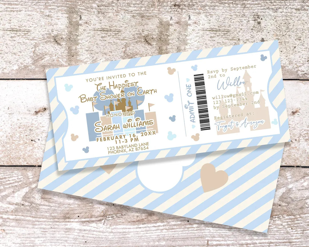 Blue Disneyland Baby Shower Ticket Invite | Invitation | Happiest Baby Shower on Earth | Template... | Etsy (US)