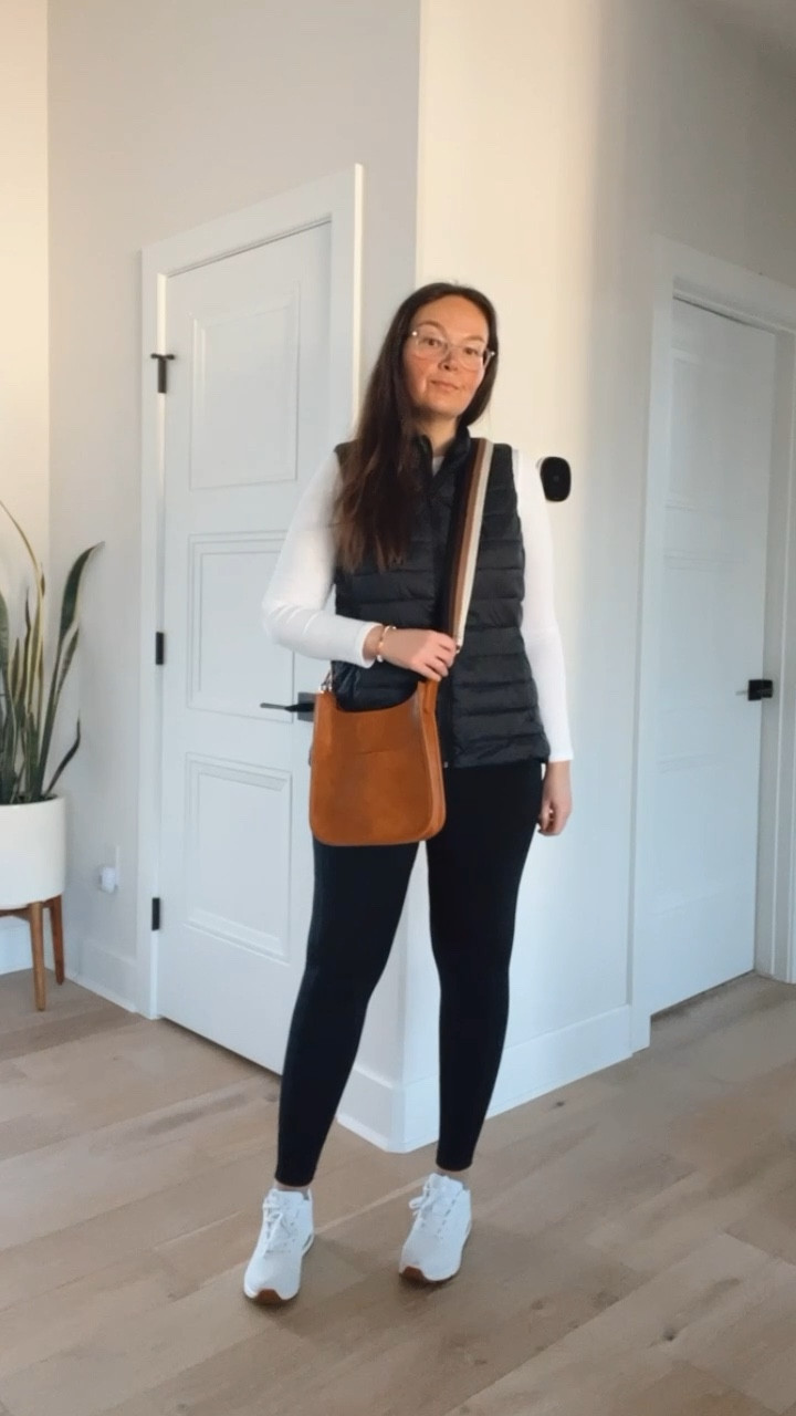 Casual everyday outfit idea 🛍️☀️white sneakers, crossbody bag, puffer vest, basic long sleeve tee, fleece lined leggings, 

#LTKcurves #LTKstyletip #LTKfit