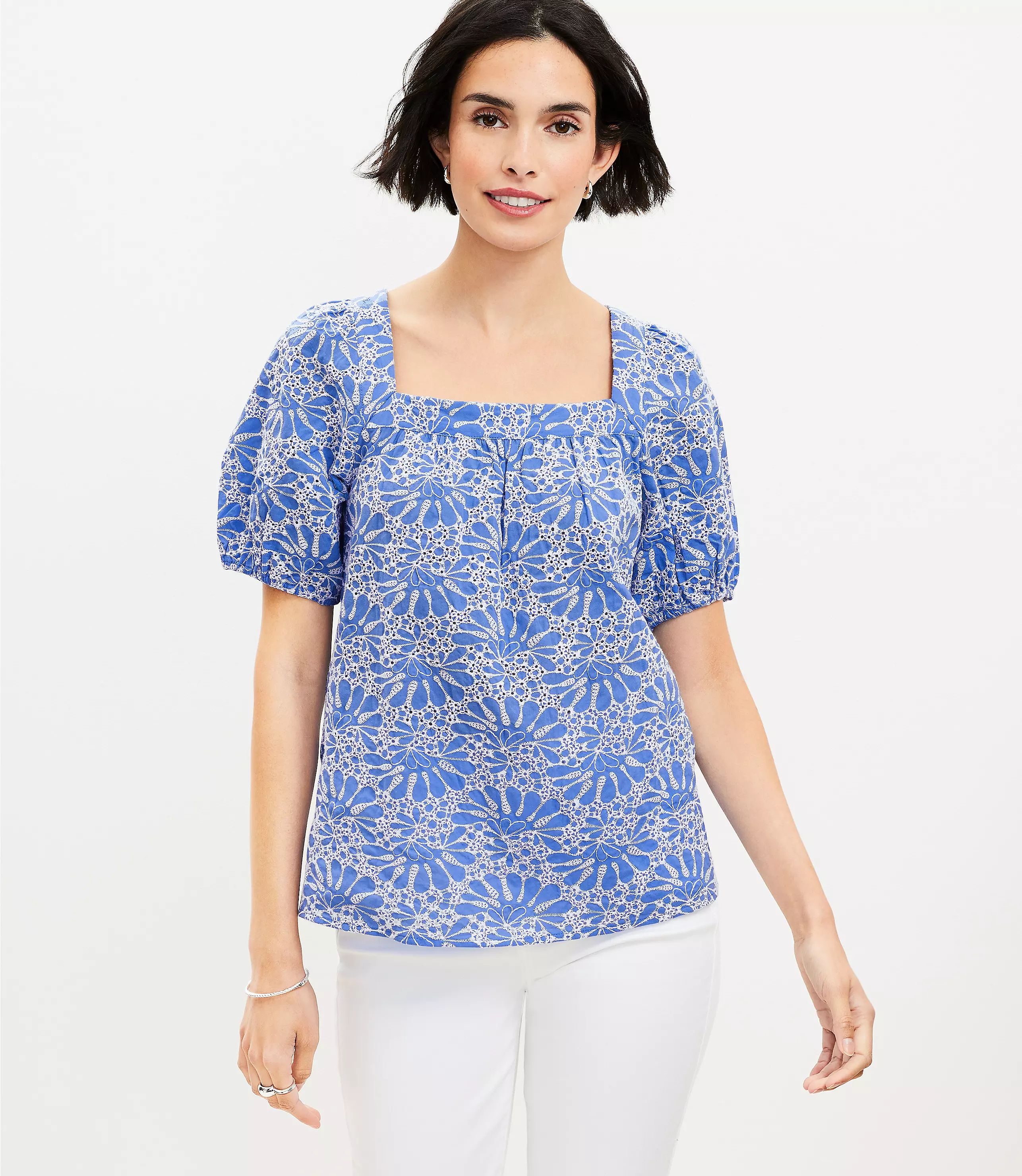 Eyelet Bubble Sleeve Square Neck Top | LOFT