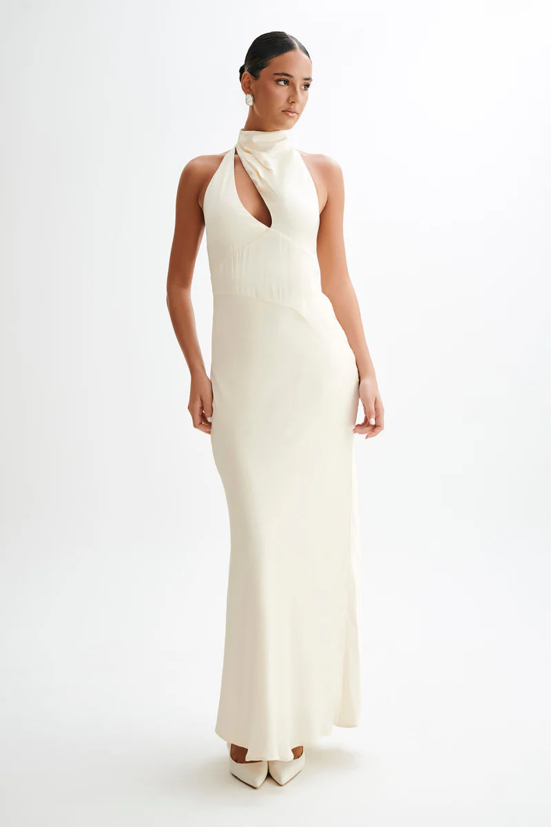 Belladonna Satin Halter Maxi Dress - Ivory | MESHKI US