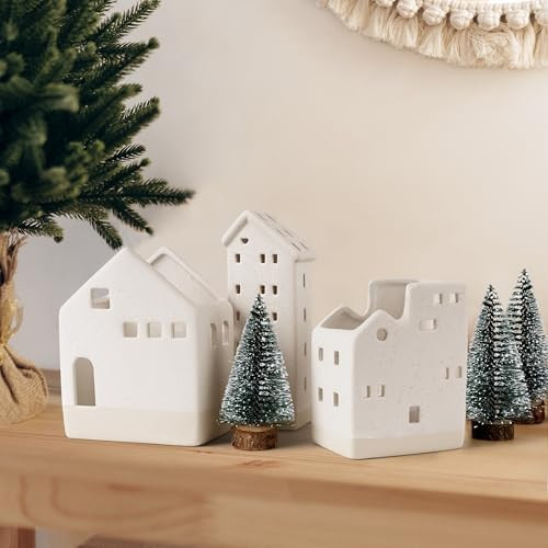 Sunlit Ceramic Christmas Village Sets of 3 Houses with 3 Tea Lights & 3 Frosted Trees, Christmas ... | Amazon (US)