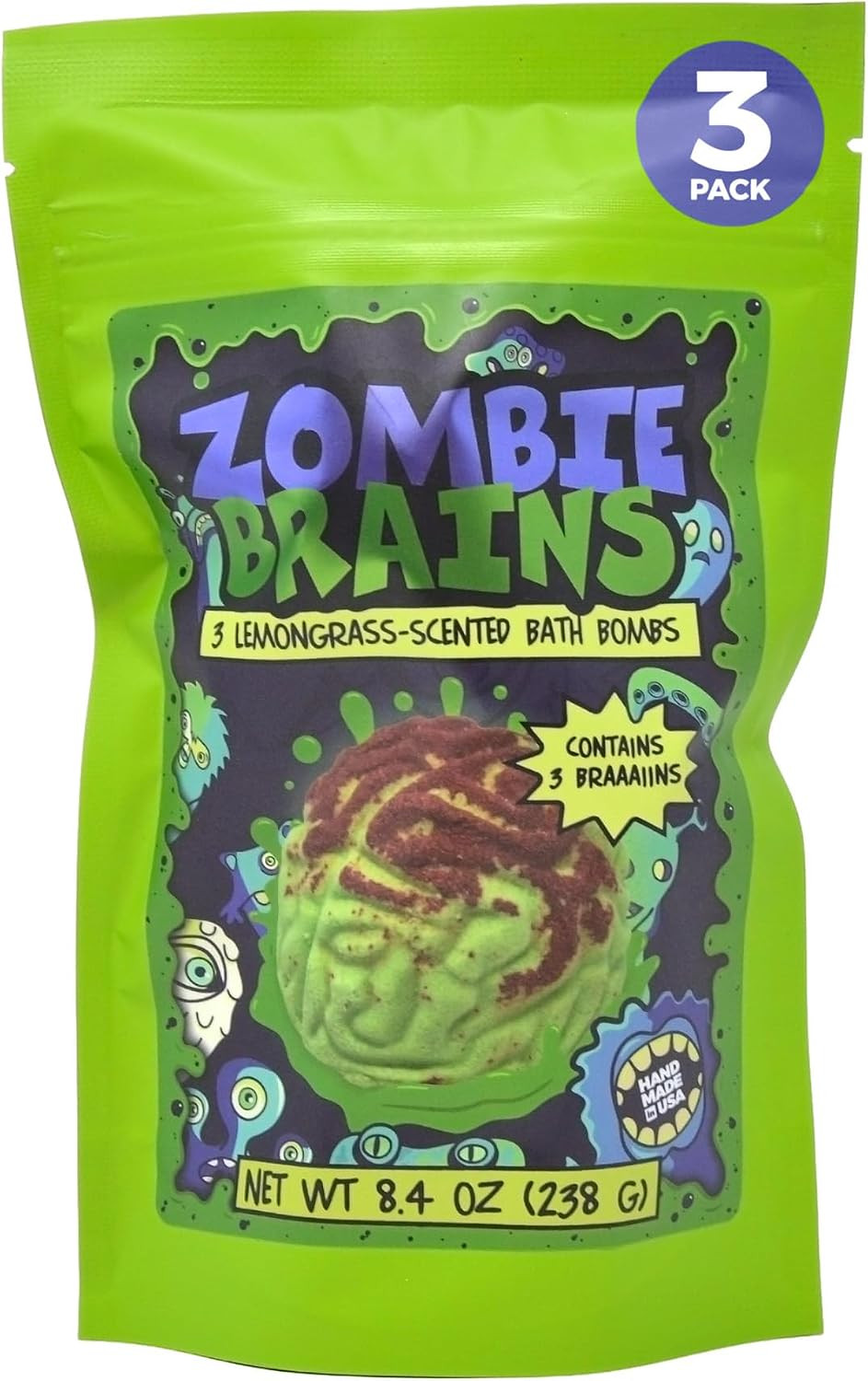 Zombie Brains Bath Bombs- 6-Pack Halloween Bath Bombs- Halloween Gifts for Kids- Boo Basket-Zombie Bath Bomb Set -Lemongrass Scent - Natural, Child-Safe Ingredients - No Choking Hazard, No Dyes-16.8oz | Amazon (US)