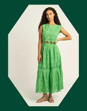 Petite Mendigote Clemence Broderie Tiered Midi Skirt Green | Monsoon (UK)