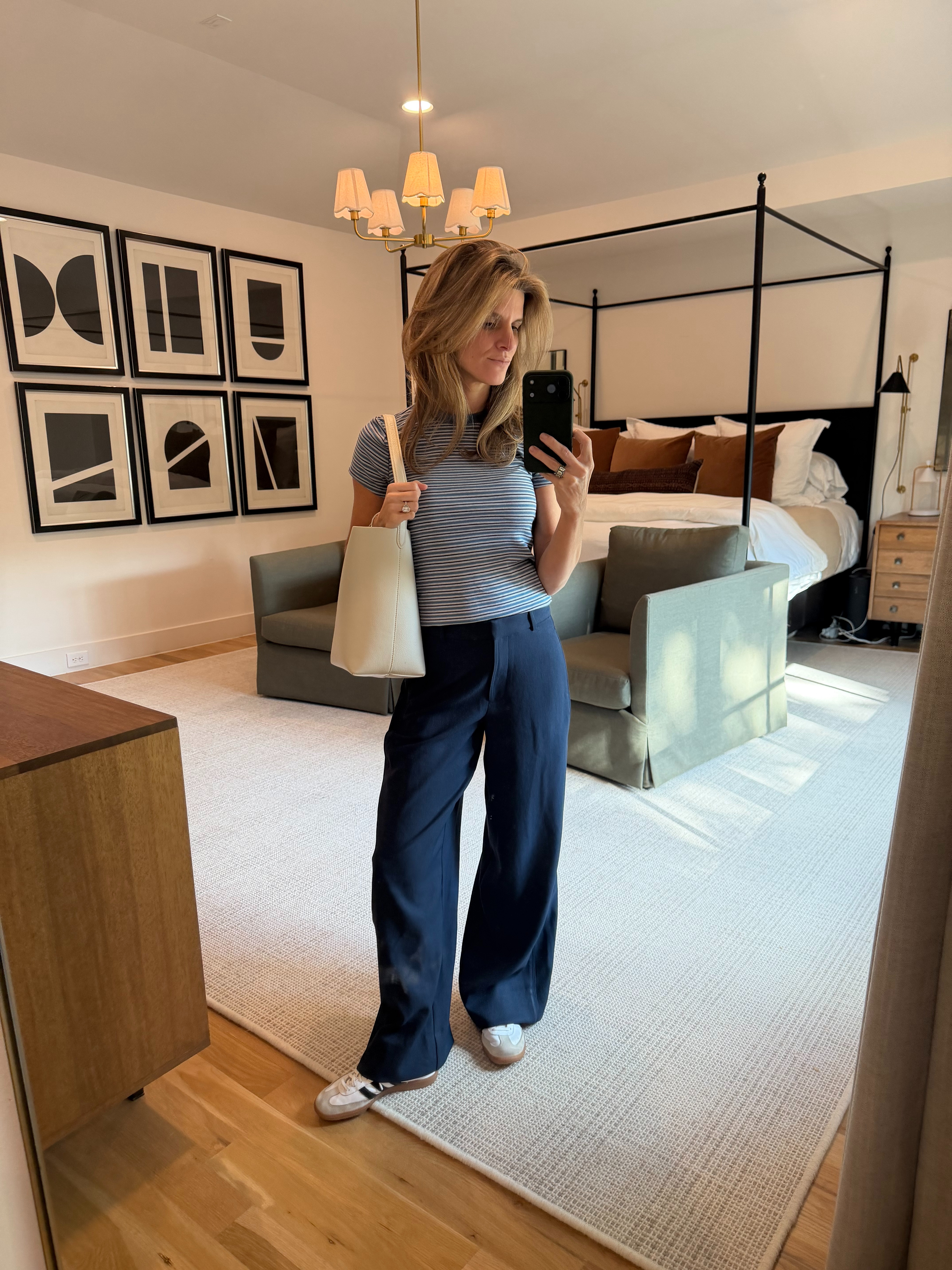 Rhone navy trousers (got tailored for hieght) and gap striped basic tee (wearing XS)  

 