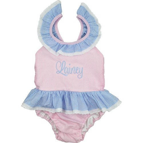 Pink And Blue Seersucker Gingham Swimsuit | Cecil and Lou